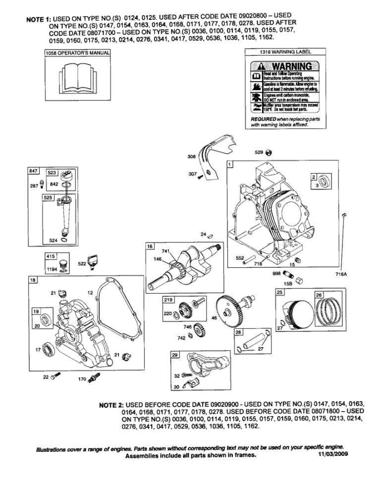 Cylinder/Crankshaft/Crankcase Diagram and Parts List for 204300 0036-1162 Briggs and Stratton Engine